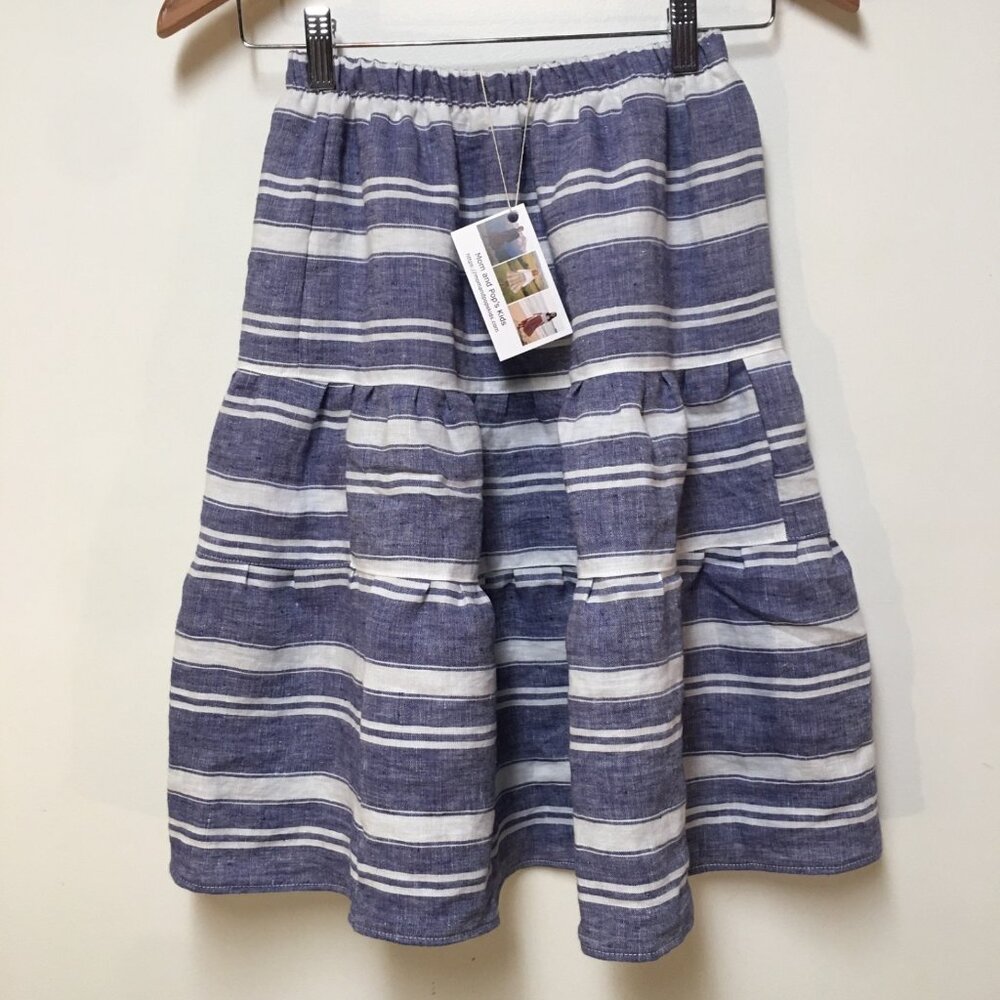 Skirt 100% Linen Girl 8 Midi Blue Stripe Ruffle Tiered Preppy Mom and Pop's Kids